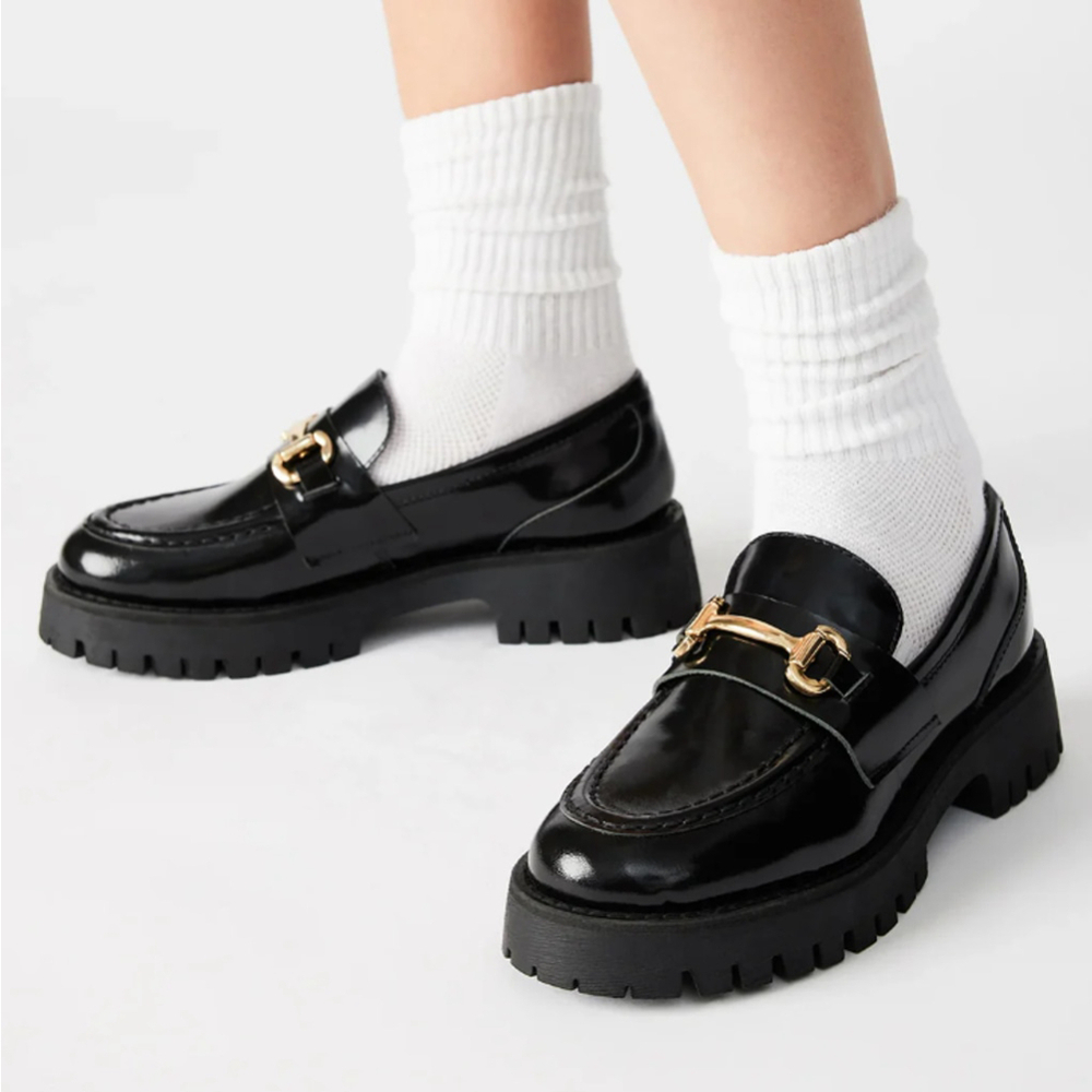 Steve Madden Black Patent Loafers with Gold Hardware